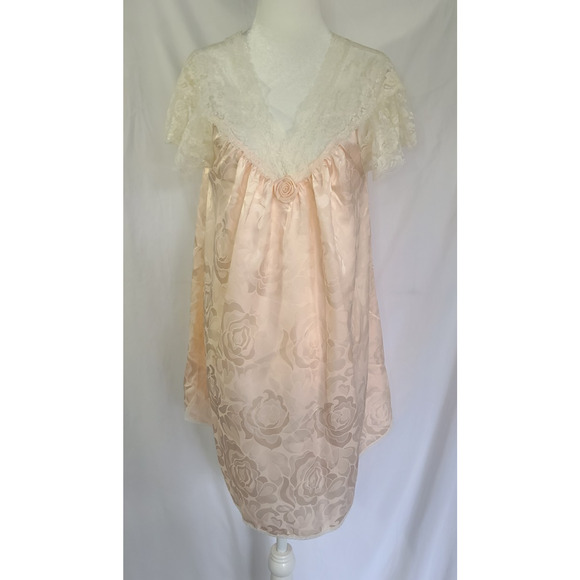 Vintage 90s Lily Of France Sleepwear Women's Lace Pink Boudoir Gown Medium